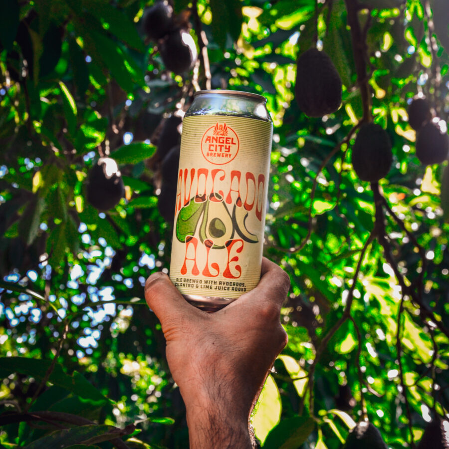 a 16oz. can of Avocado Ale being held in the air underneath an avocado tree