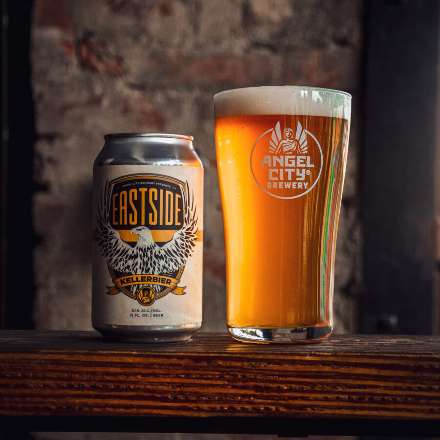 12oz can of Eastside Kellerbier next to a pint of the same beer