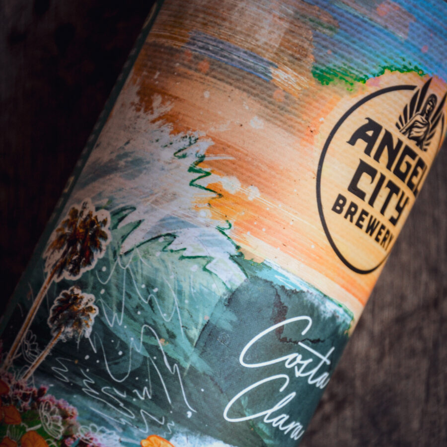 A close-up of a 16oz. can of Costa Clara West Coast Pilsner