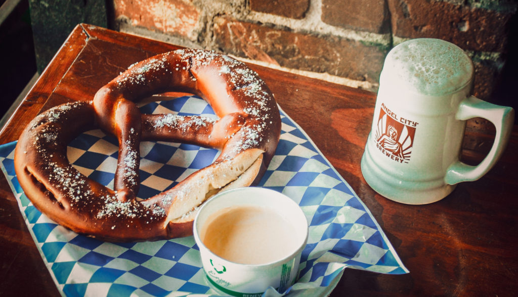 Jumbo german pretzels from Rockenwagner bakery served with a side of house-made Angel City Beer Cheese and a frothy mug of Angel City Beer. Pretzels now being served every monday here at the Angel City Arts District Public House.