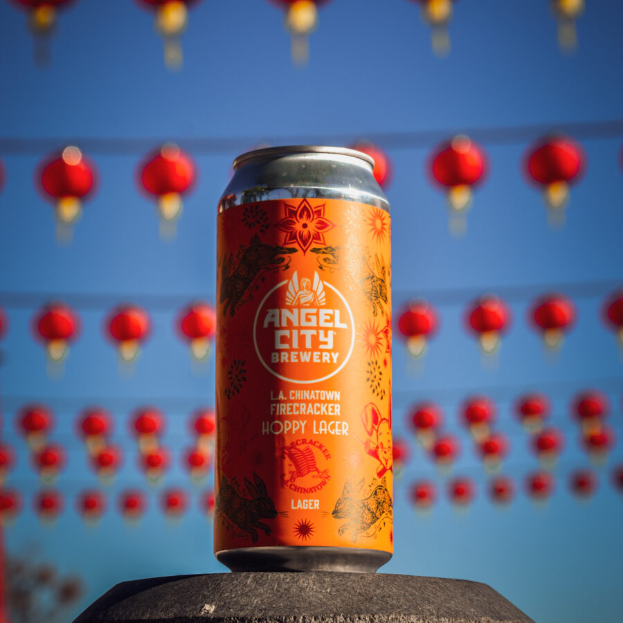 1 16oz can of Angel City Brewery x Firecracker 10k's collab beer "Hoppy Lager" in LA's Chinatown District
