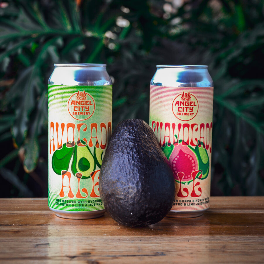 a 16oz. can of Guavocado Ale and a 16oz. can of Avocado Ale with an avocado in the middle