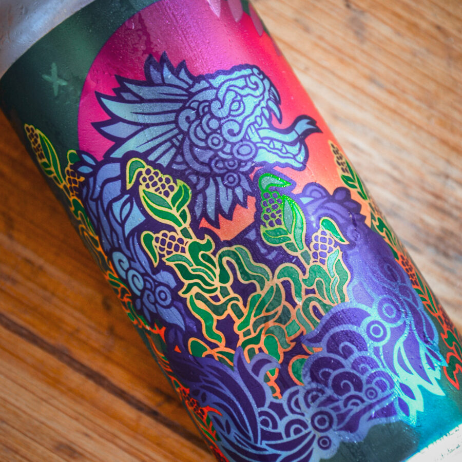 close up of a 16oz. can of Blue Corn Tejuino Gose, featuring art by @msyellow
