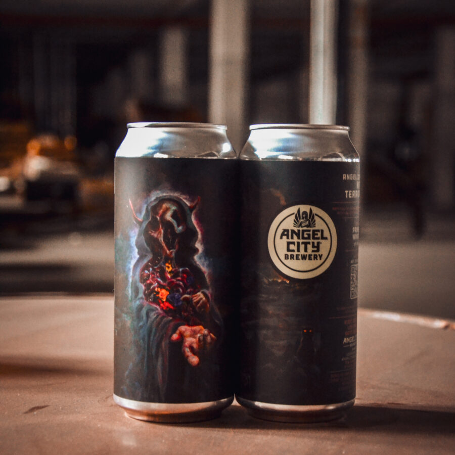 Two 16oz. cans of Angel City Nite Terrors, featuring can art by @scumchoir